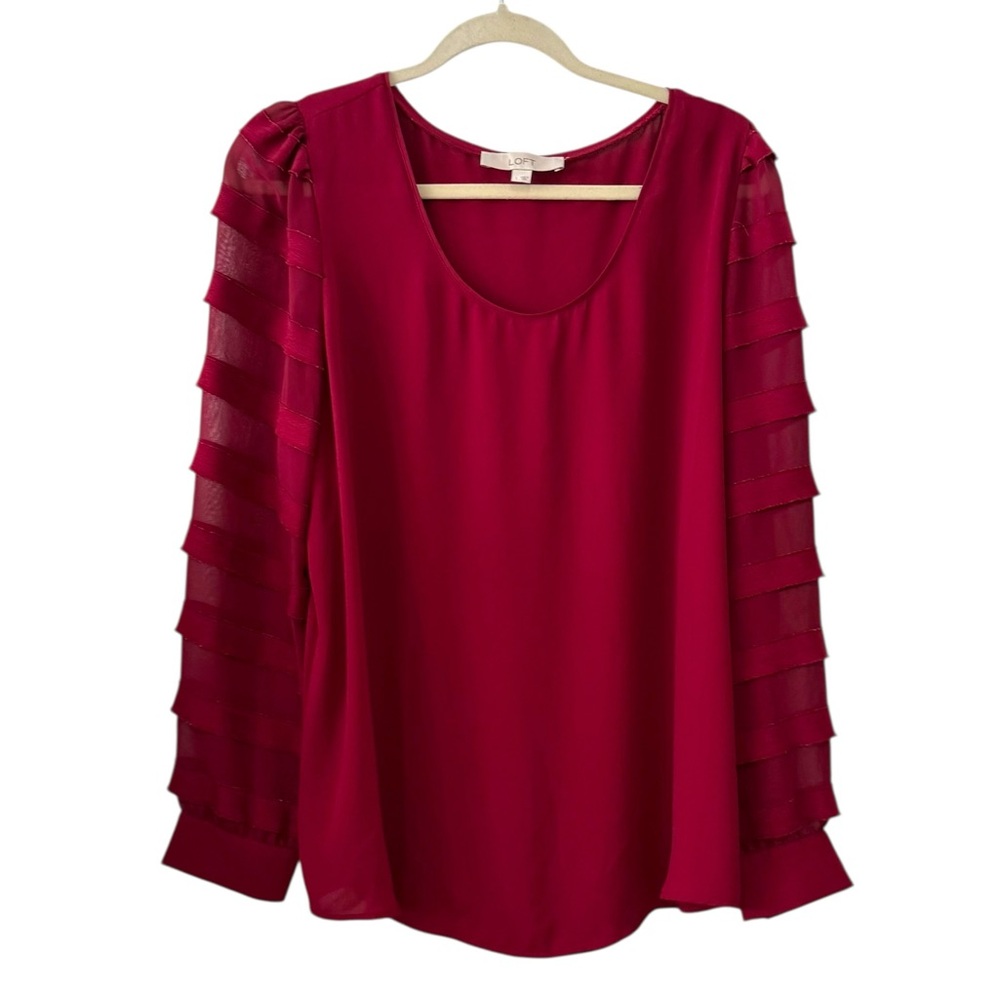 LOFT Large Red Sheer Stripe Sleeve Scoop Neck Long Sleeve Blouse Work Top